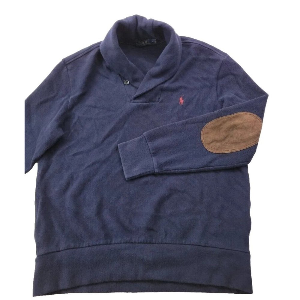 Polo Ralph Lauren Men Large Navy Shawl Neck Knit Sweater Suede Elbow Patch